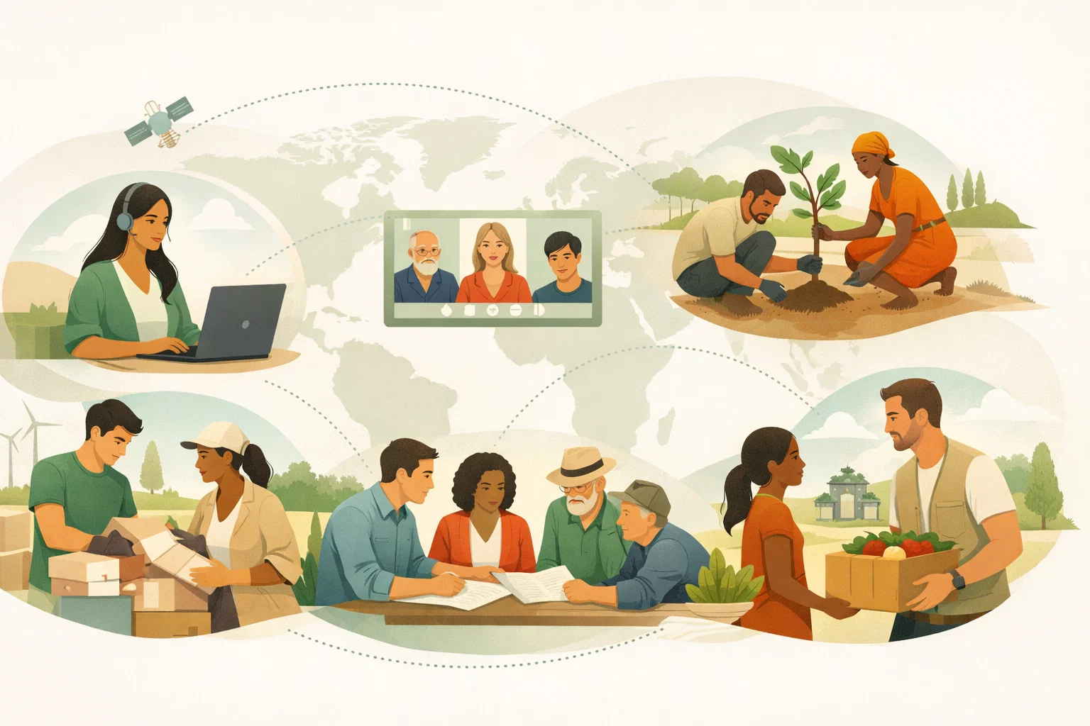 NGO Iconic Communities illustration showing volunteers, collaboration, and global community work.